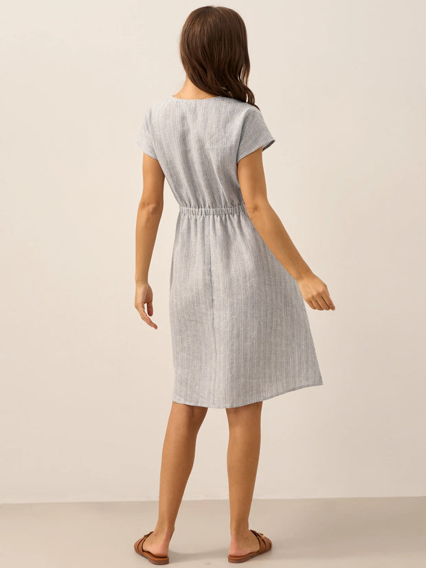 100% Linen Striped Midi Dress with Elastic Waist – Casual A-Line Dress for Women