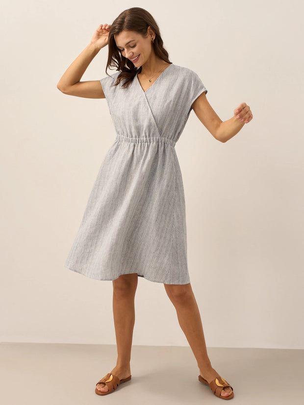 100% Linen Striped Midi Dress with Elastic Waist – Casual A-Line Dress for Women
