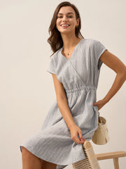 100% Linen Striped Midi Dress with Elastic Waist – Casual A-Line Dress for Women