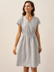 100% Linen Striped Midi Dress with Elastic Waist – Casual A-Line Dress for Women