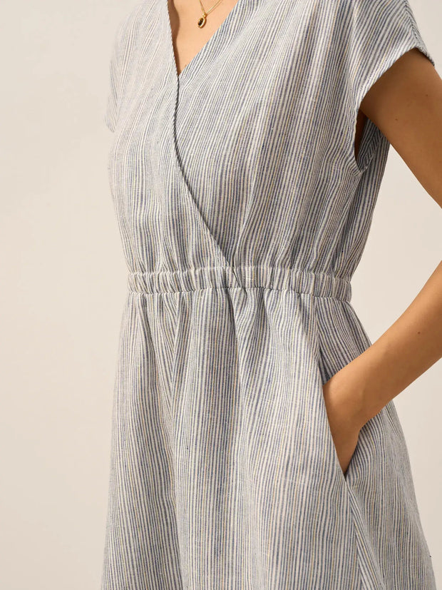 100% Linen Striped Midi Dress with Elastic Waist – Casual A-Line Dress for Women