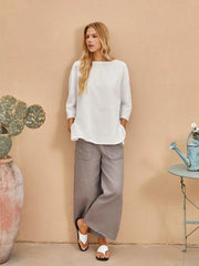 100% Linen Wide Leg Pants with Pockets – Comfortable Cropped Design
