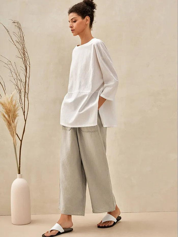 100% Linen Wide Leg Pants with Pockets – Comfortable Cropped Design