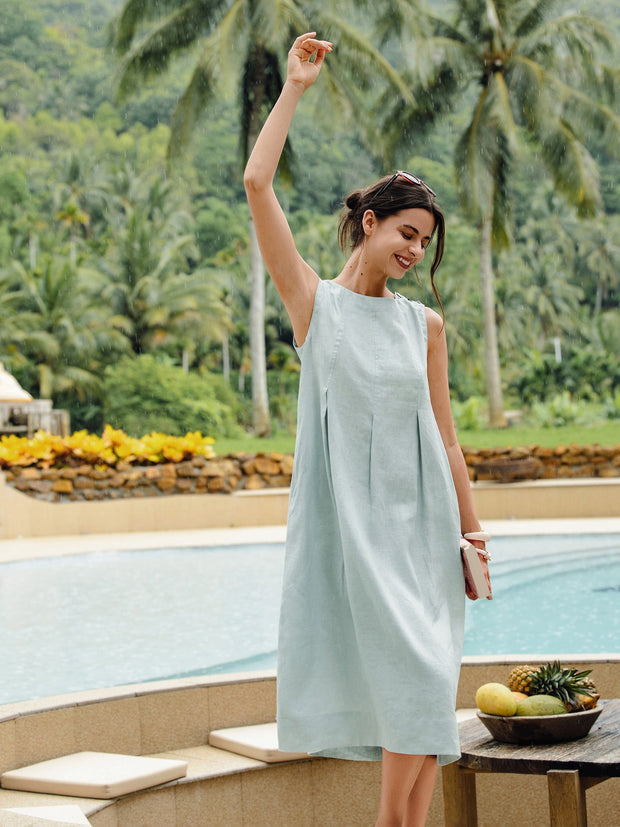 100% Linen Women's Sleeveless Midi Dress with Shoulder Button Detail – A-Line Summer Dress