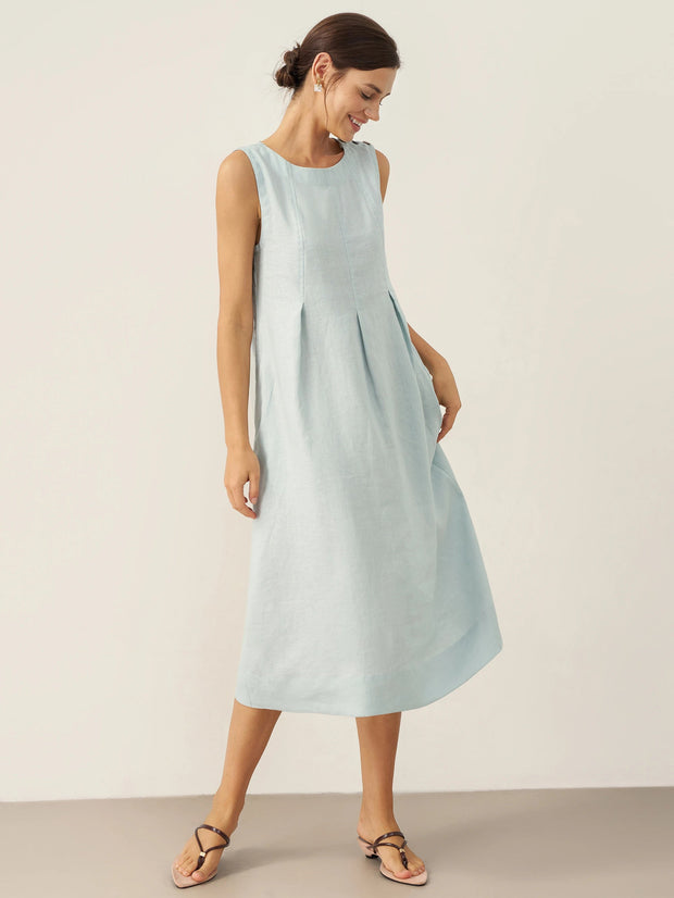 100% Linen Women's Sleeveless Midi Dress with Shoulder Button Detail – A-Line Summer Dress