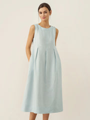 100% Linen Women's Sleeveless Midi Dress with Shoulder Button Detail – A-Line Summer Dress