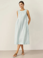 100% Linen Women's Sleeveless Midi Dress with Shoulder Button Detail – A-Line Summer Dress