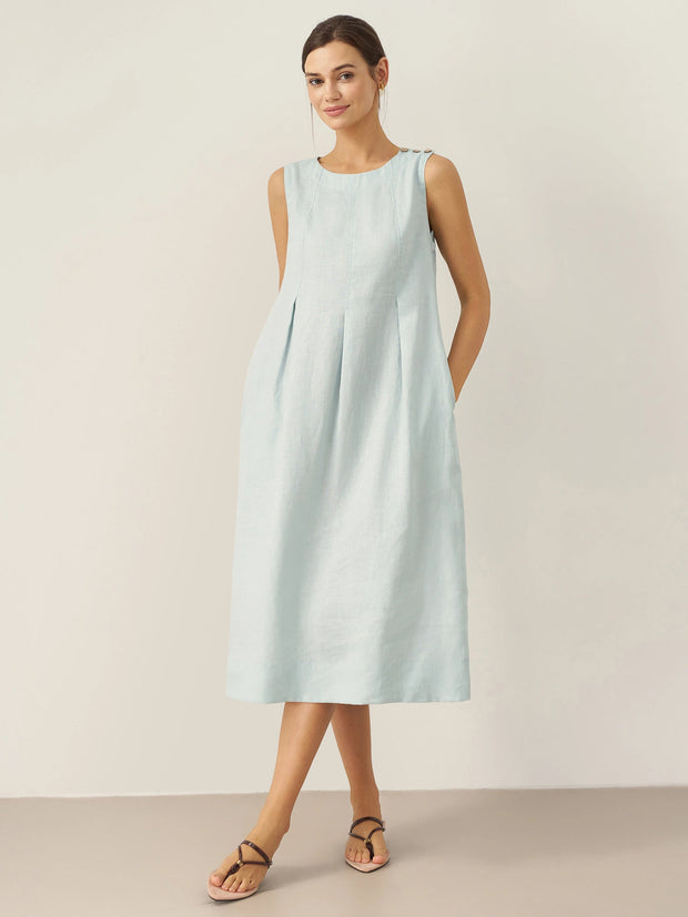 100% Linen Women's Sleeveless Midi Dress with Shoulder Button Detail – A-Line Summer Dress