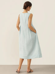 100% Linen Women's Sleeveless Midi Dress with Shoulder Button Detail – A-Line Summer Dress