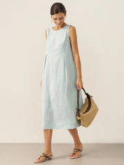 100% Linen Women's Sleeveless Midi Dress with Shoulder Button Detail – A-Line Summer Dress