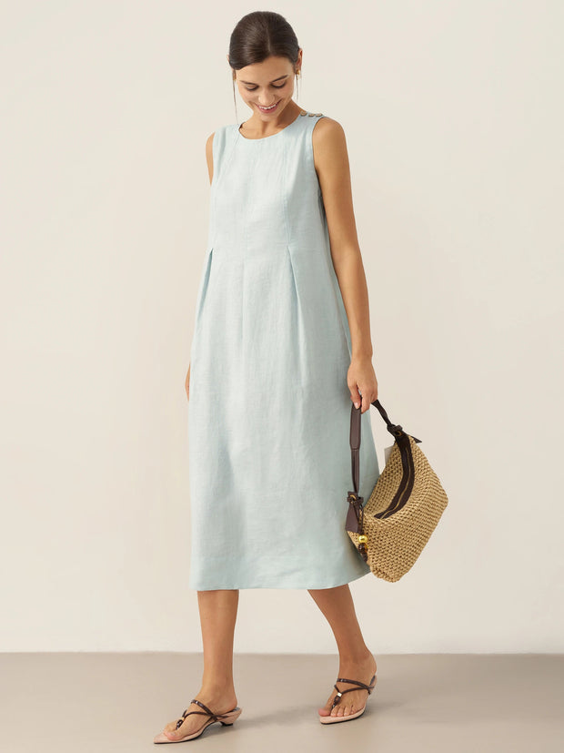 100% Linen Women's Sleeveless Midi Dress with Shoulder Button Detail – A-Line Summer Dress