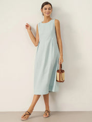 100% Linen Women's Sleeveless Midi Dress with Shoulder Button Detail – A-Line Summer Dress