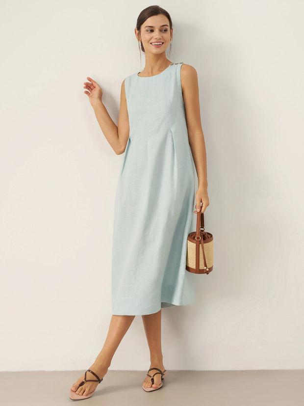 100% Linen Women's Sleeveless Midi Dress with Shoulder Button Detail – A-Line Summer Dress
