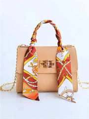 LumiElegance Brown Leather Handbag with Gold Details and Silky Scarf - Sophisticated Elegance-Cramta