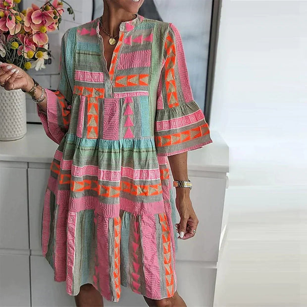 Mabel Long Dress – Elegant with V-Neck and Exclusive Pattern-Cramta