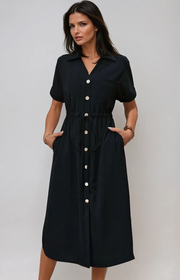 Elisa Midi Dress with Buttons and Side Slit - Elegant and Casual Style-Cramta