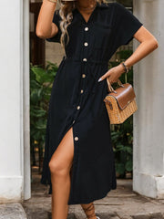 Elisa Midi Dress with Buttons and Side Slit - Elegant and Casual Style-Cramta