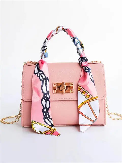 LumiElegance Brown Leather Handbag with Gold Details and Silky Scarf - Sophisticated Elegance-Cramta