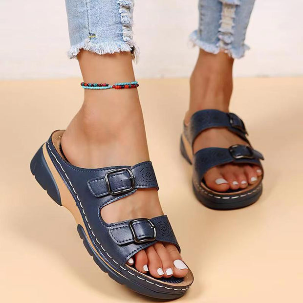 Adjustable Orthopedic Leather Sandals for Women with Arch Support – Breathable Comfort and Low Heel-Cramta