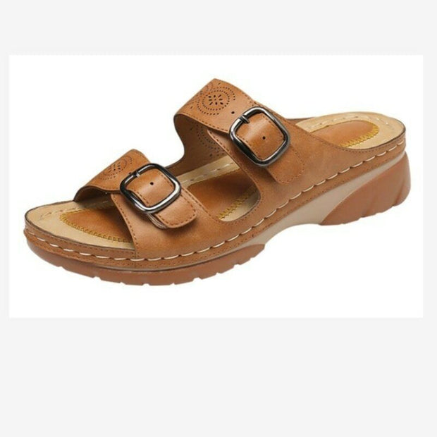 Adjustable Orthopedic Leather Sandals for Women with Arch Support – Breathable Comfort and Low Heel-Cramta