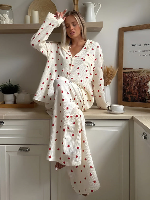 Aesthetic Heart Pajama Set for Women – Soft Cotton Sleepwear, Trendy Design, Breathable Fabric, Multi-Color Heart Pattern-Cramta