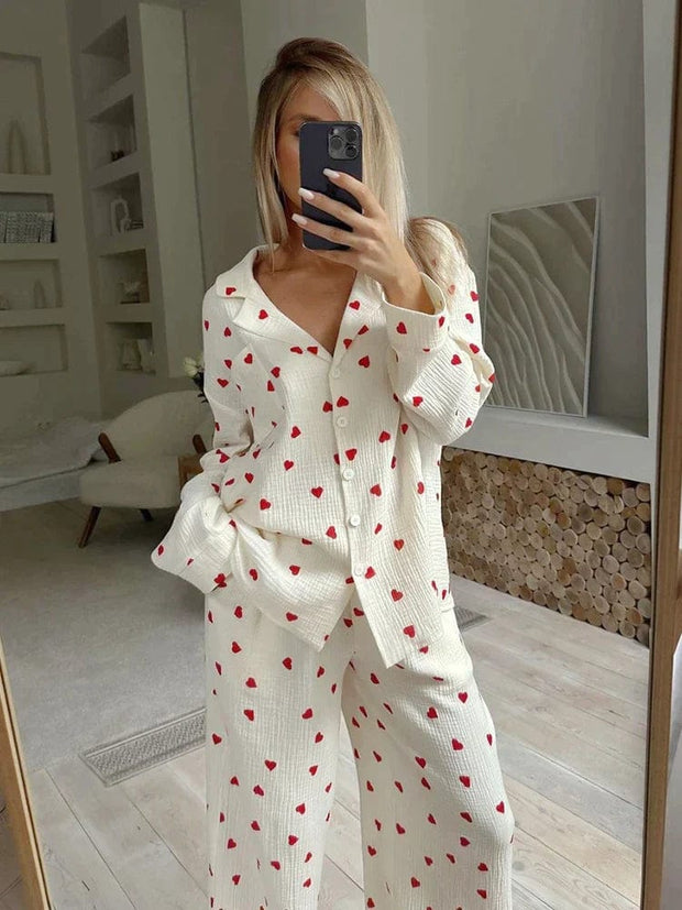 Aesthetic Heart Pajama Set for Women – Soft Cotton Sleepwear, Trendy Design, Breathable Fabric, Multi-Color Heart Pattern-Cramta