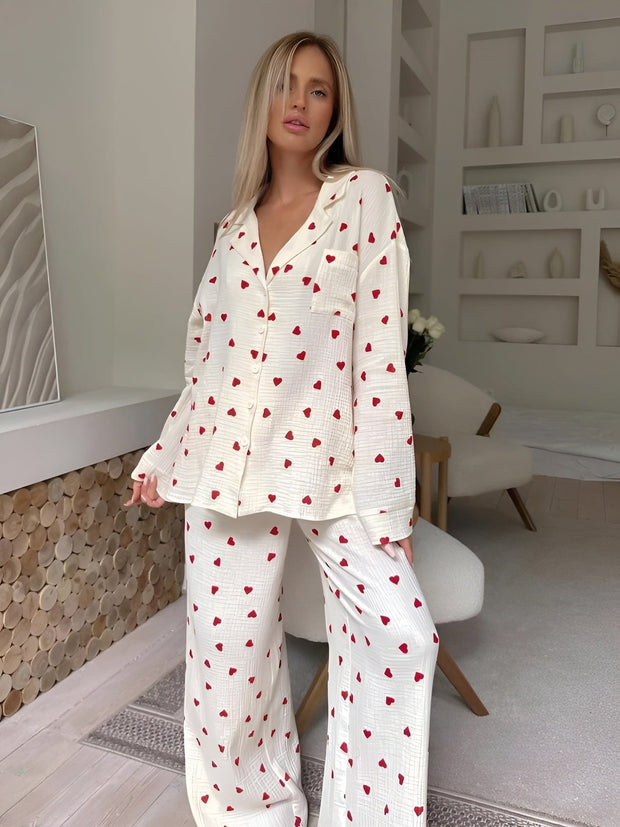 Aesthetic Heart Pajama Set for Women – Soft Cotton Sleepwear, Trendy Design, Breathable Fabric, Multi-Color Heart Pattern-Cramta