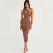 Asymmetrical One-Shoulder Ruched Mesh Midi Dress - Elegant Brown Corset Style for Stunning Silhouette-Cramta