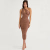 Asymmetrical One-Shoulder Ruched Mesh Midi Dress - Elegant Brown Corset Style for Stunning Silhouette-Cramta