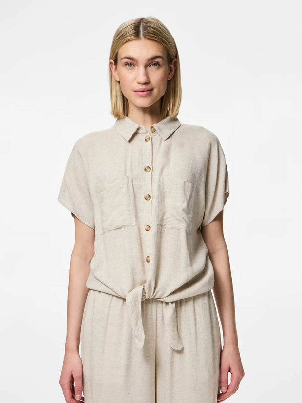 Beige Linen Tie Blouse for Women – Lightweight Summer Top, Easy to Iron and Versatile Style