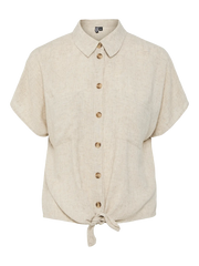 Beige Linen Tie Blouse for Women – Lightweight Summer Top, Easy to Iron and Versatile Style