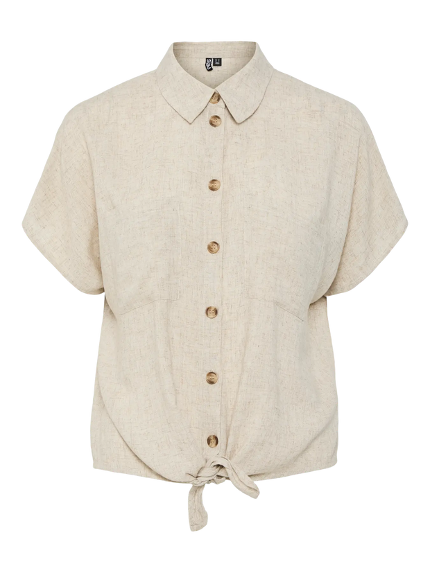 Beige Linen Tie Blouse for Women – Lightweight Summer Top, Easy to Iron and Versatile Style