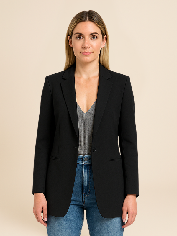 Black Blazer for Women - Tailored Office and Evening Wear, Elegant Polyester Blend, Structured Silhouette, Comfortable Fit