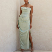 Black Satin Strapless Maxi Dress with High Slit and Ruched Detail – Elegant Long Dress for Women-Cramta