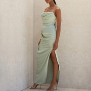 Black Satin Strapless Maxi Dress with High Slit and Ruched Detail – Elegant Long Dress for Women-Cramta