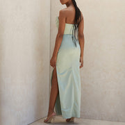 Black Satin Strapless Maxi Dress with High Slit and Ruched Detail – Elegant Long Dress for Women-Cramta