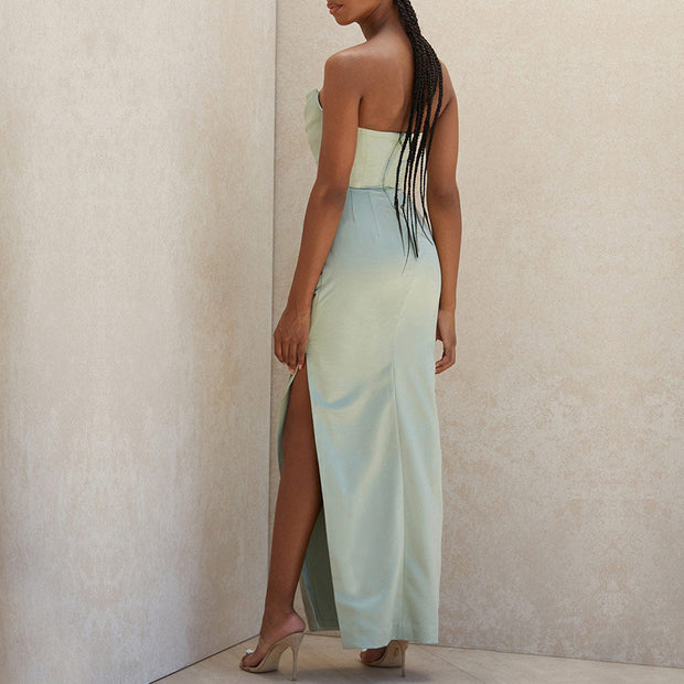 Black Satin Strapless Maxi Dress with High Slit and Ruched Detail – Elegant Long Dress for Women-Cramta