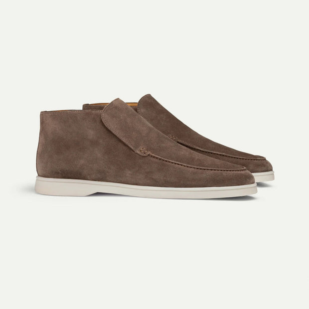 Brown Suede Slip-On Mocs with Lightweight Contrast Soles for Versatile Style