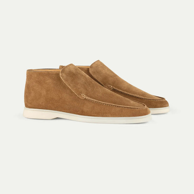 Brown Suede Slip-On Mocs with Lightweight Contrast Soles for Versatile Style