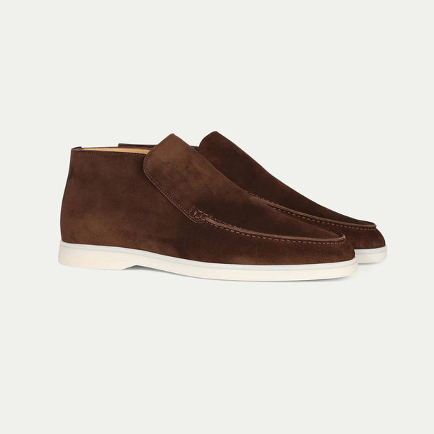 Brown Suede Slip-On Mocs with Lightweight Contrast Soles for Versatile Style