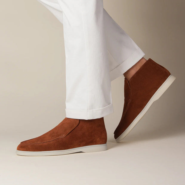 Brown Suede Slip-On Mocs with Lightweight Contrast Soles for Versatile Style