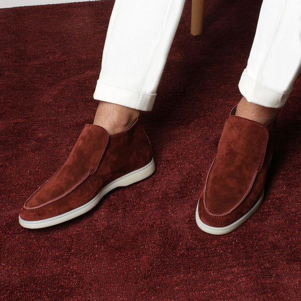Brown Suede Slip-On Mocs with Lightweight Contrast Soles for Versatile Style