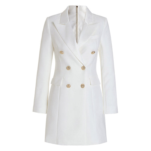 Chic Blazer Mini Dress with Double-Breasted Front and Flap Pockets – Perfect for Cold Weather-Cramta