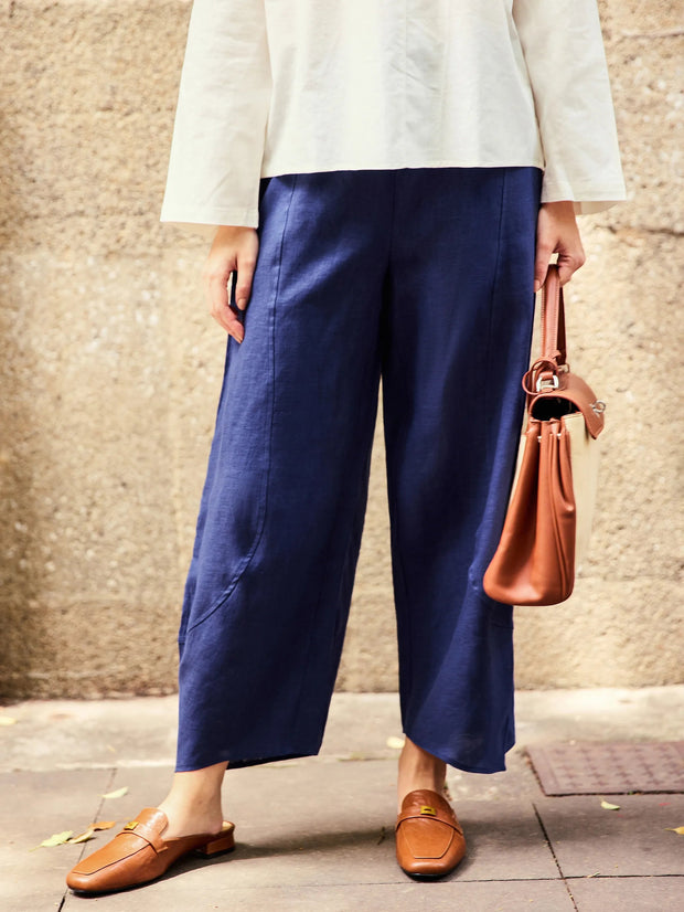 Classic Ankle Pants for Women - 100% Linen, Relaxed Fit with Elastic Waist