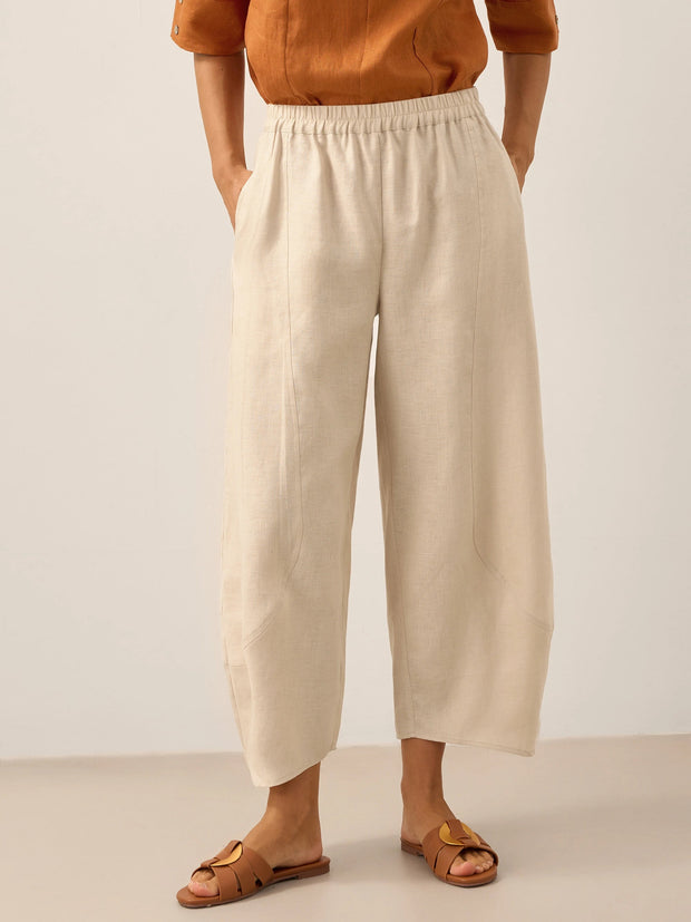 Classic Ankle Pants for Women - 100% Linen, Relaxed Fit with Elastic Waist
