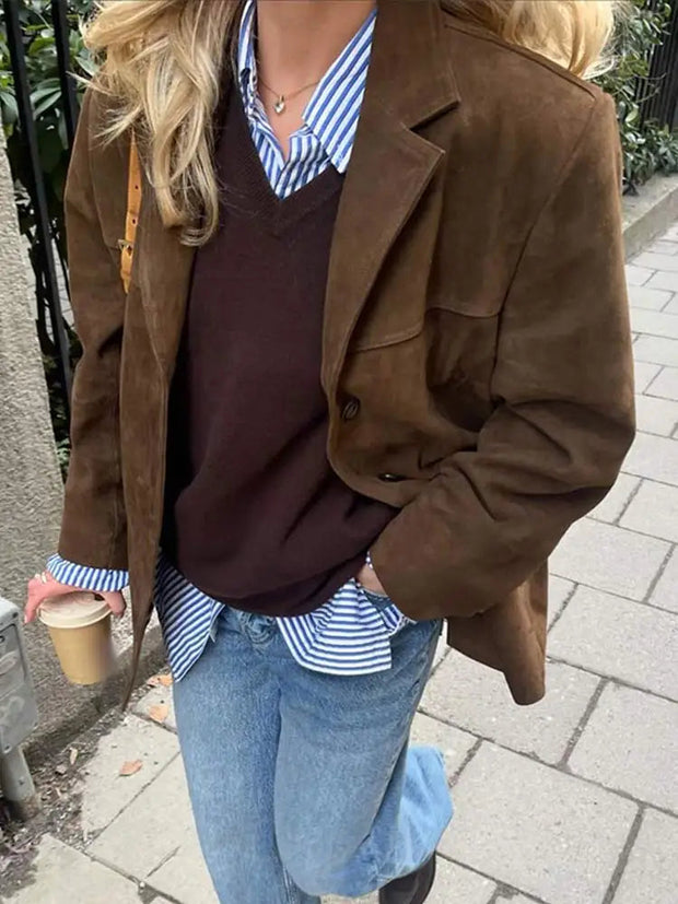 Classic Brown Suede Jacket for Men - Size L, Timeless Elegance and Versatile Style