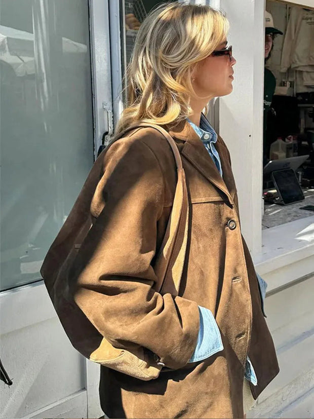 Classic Brown Suede Jacket for Men - Size L, Timeless Elegance and Versatile Style