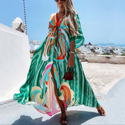 Colorful Abstract Print Maxi Dress with Plunging V Neckline and 3/4 Sleeves – Long Dresses for Women-Cramta