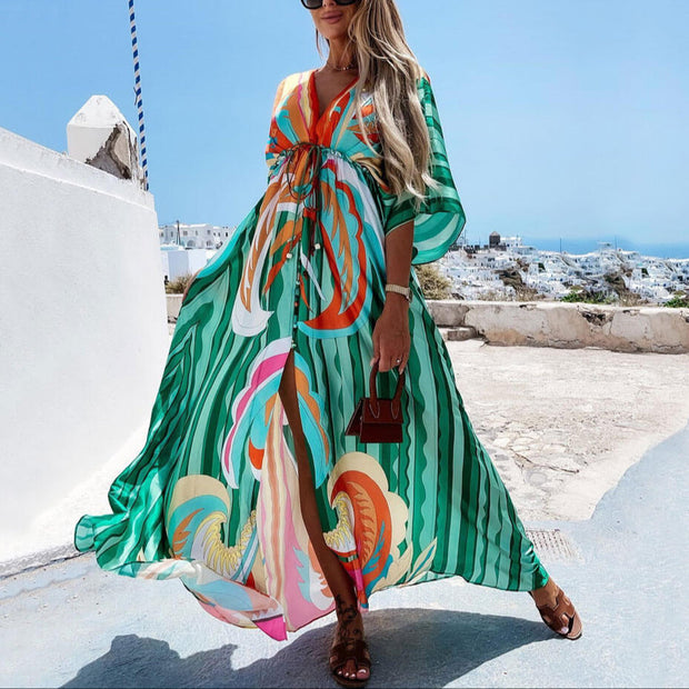 Colorful Abstract Print Maxi Dress with Plunging V Neckline and 3/4 Sleeves – Long Dresses for Women-Cramta
