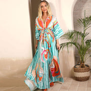 Colorful Abstract Print Maxi Dress with Plunging V Neckline and 3/4 Sleeves – Long Dresses for Women-Cramta